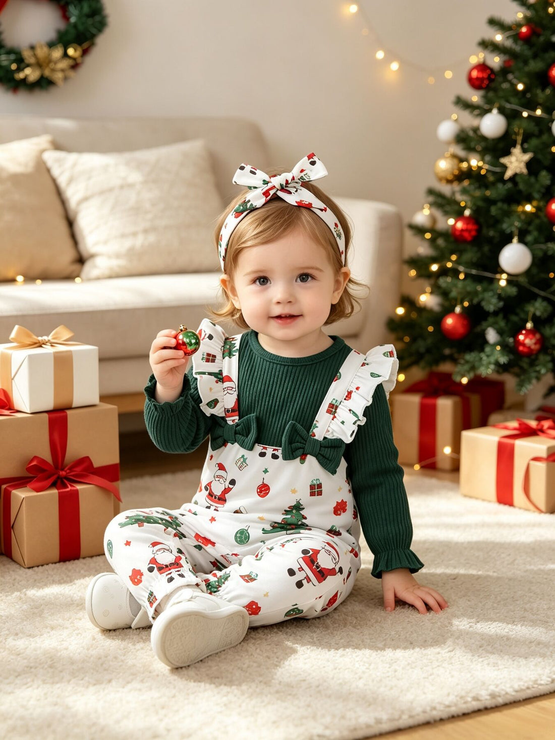 dark green overalls with christmas-print and crew neck