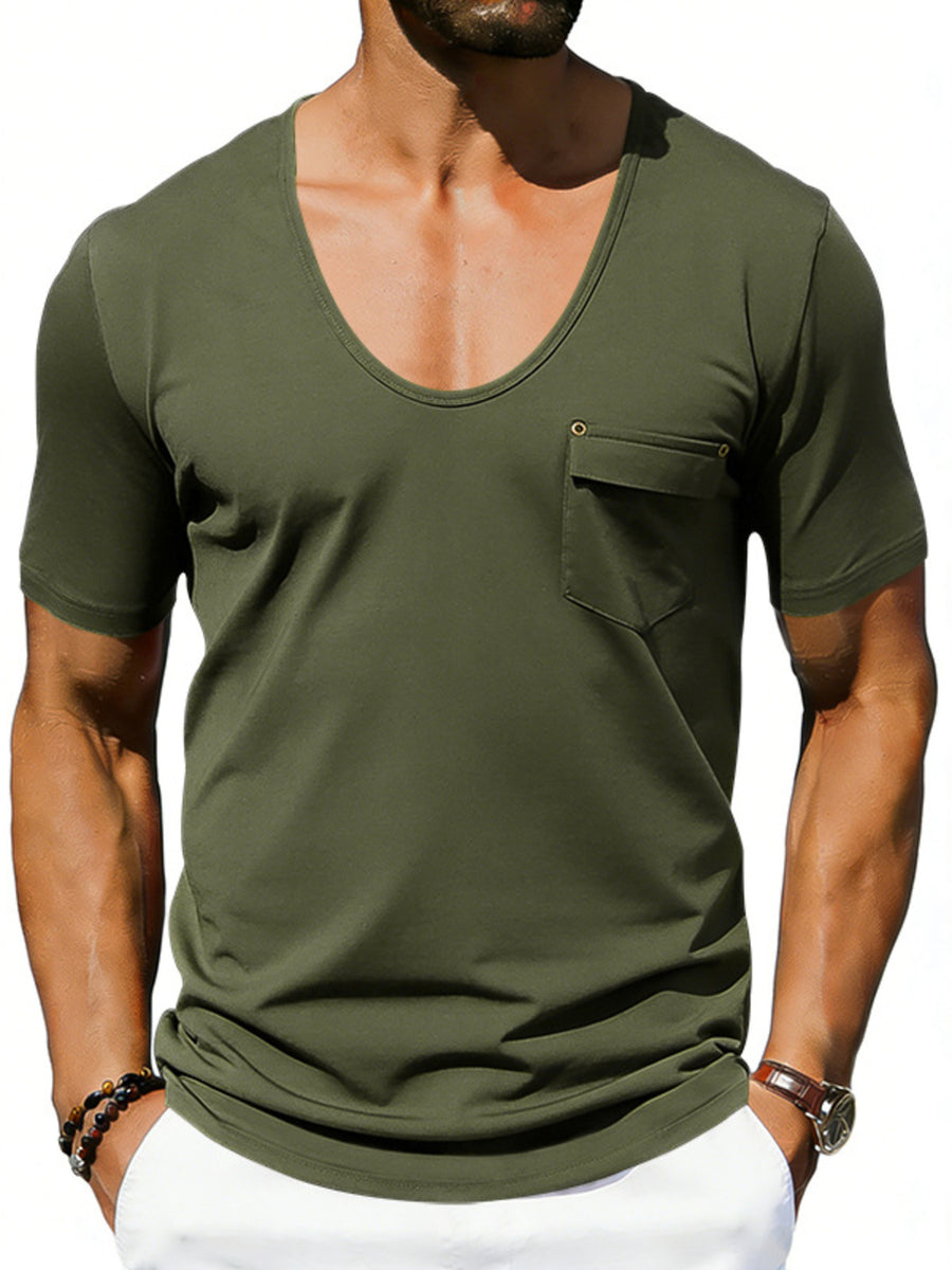 Army green cotton blend tee with scoop neck and chest pocket