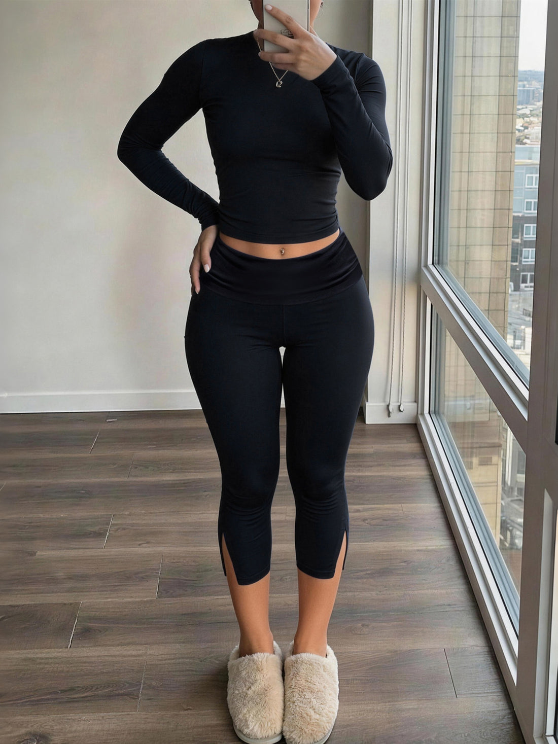 activewear set in black featuring slit and slim fit