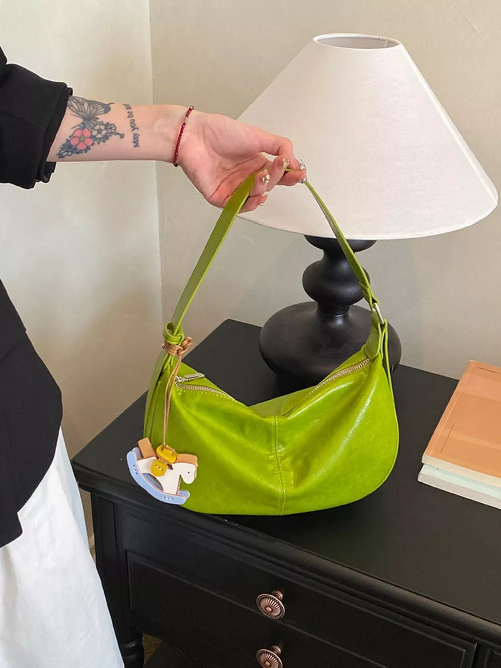 PU Leather Imported Size &amp shoulder bag in Green with relaxed silhouette