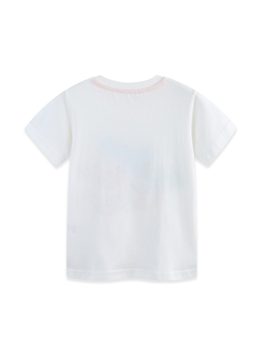 White 100% cotton toddler t-shirt with pink stitched neckline and subtle graphic detail.