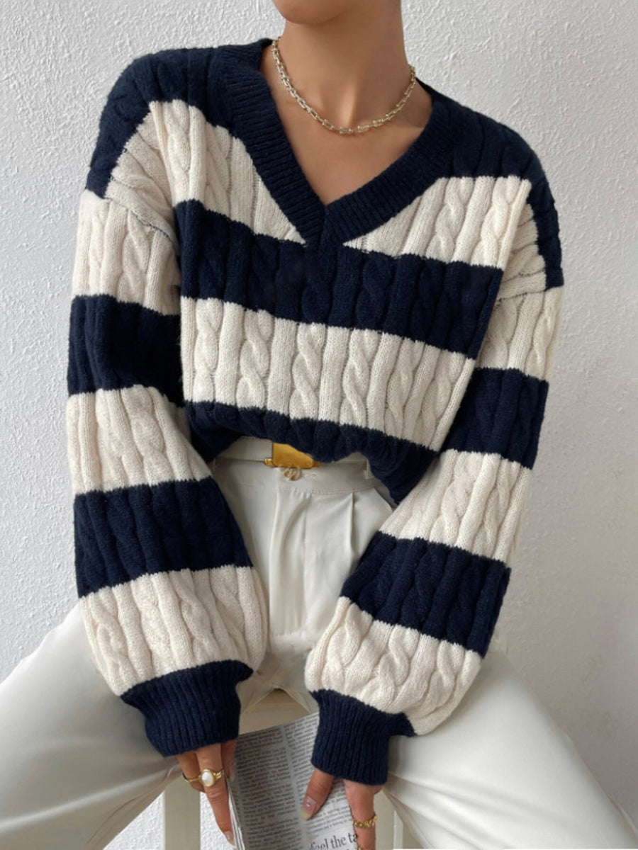 navy blue v-neck sweater with striped and v-neck
