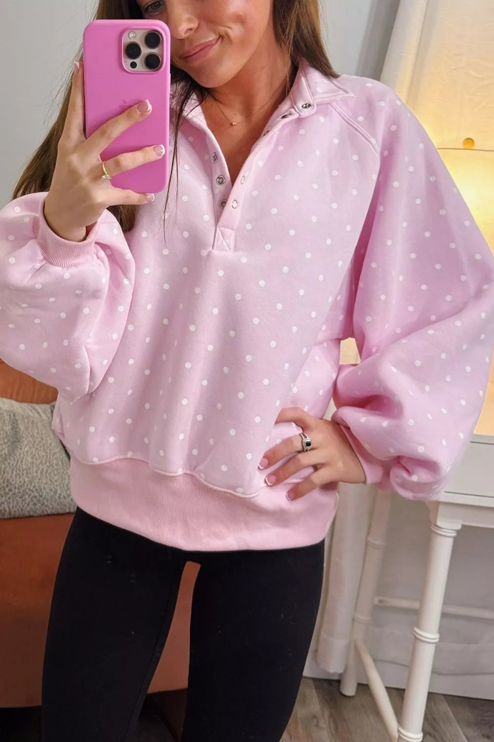 Blush Pink Polka Dot Metal Button Collar Sweatshirt