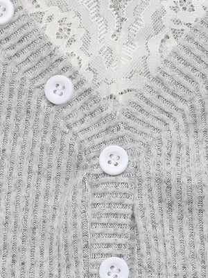 Grey ribbed knit cardigan with white lace yoke and button front