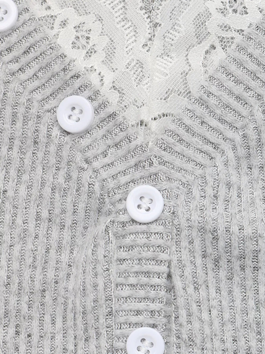 Grey ribbed knit cardigan with white lace yoke and button front