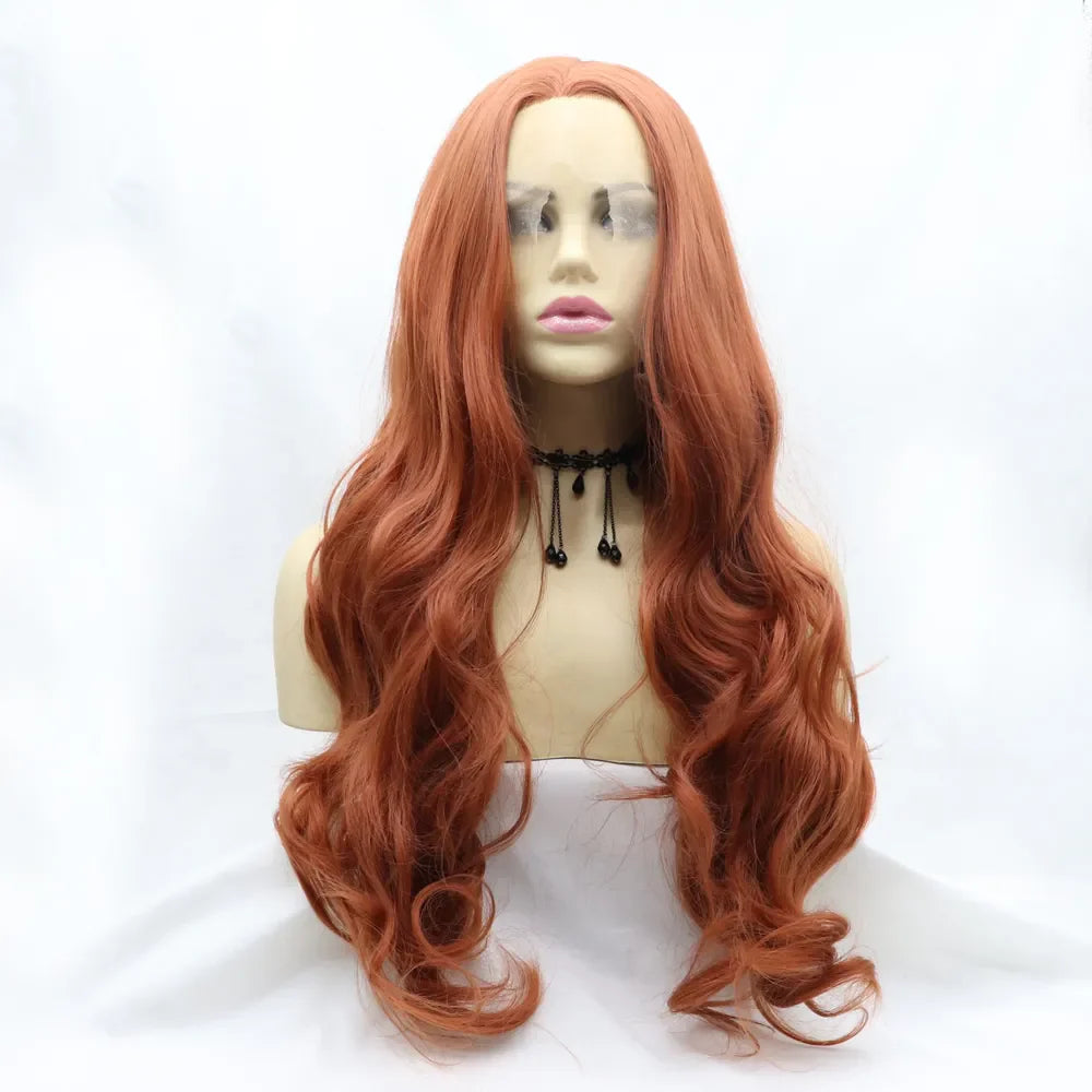 Sunset Cascade lace front wig in orange with long, wavy hair styled on a mannequin.