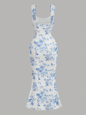sky blue bodycon dress featuring stretch and floral
