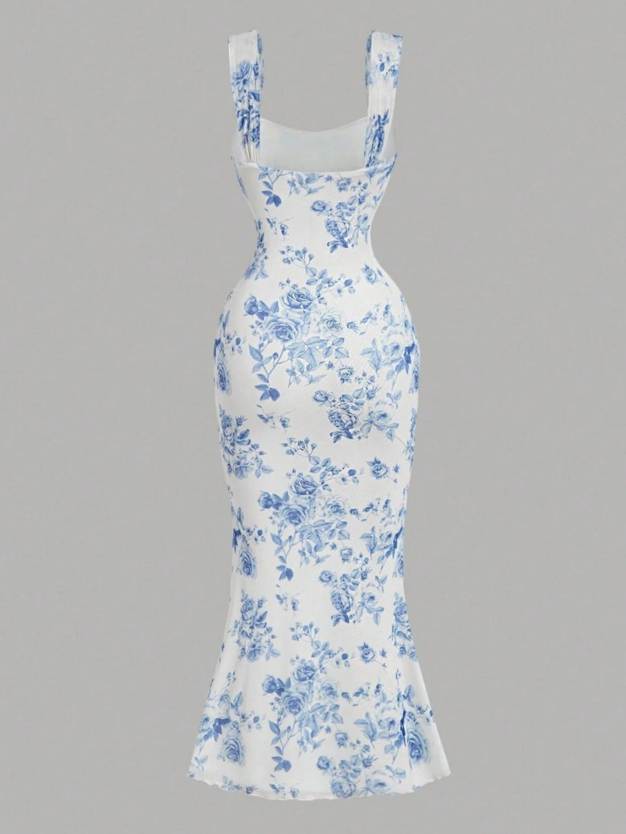 sky blue bodycon dress featuring stretch and floral