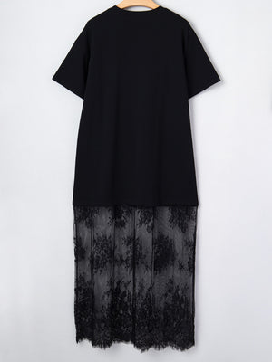 Black t-shirt maxi dress with floral lace hem