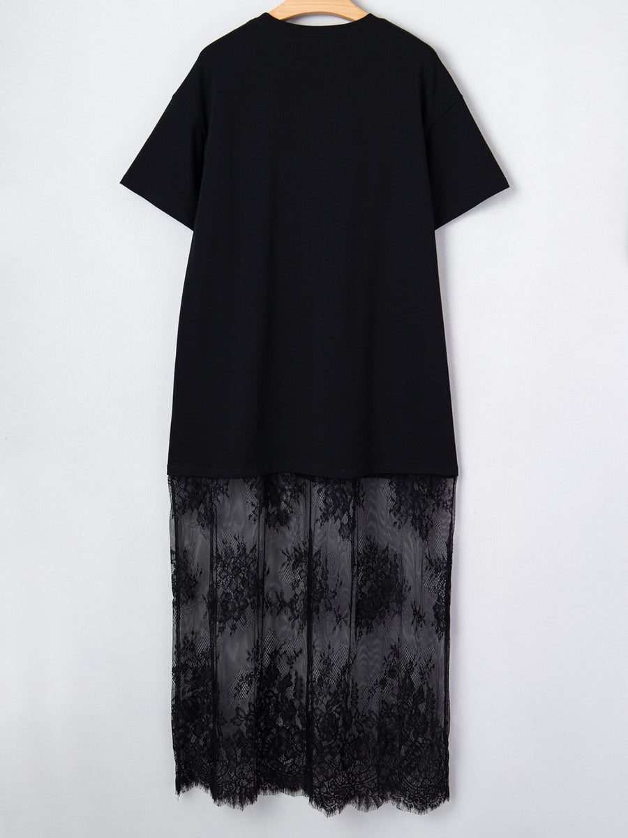 Black t-shirt maxi dress with floral lace hem