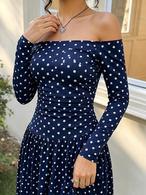 Off-the-shoulder Maxi Dress in Brown Polka Dots