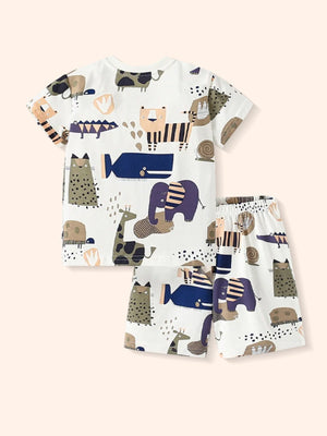 Toddler cotton crew neck set with playful animal print in beige, featuring elephants, giraffes, and whales.