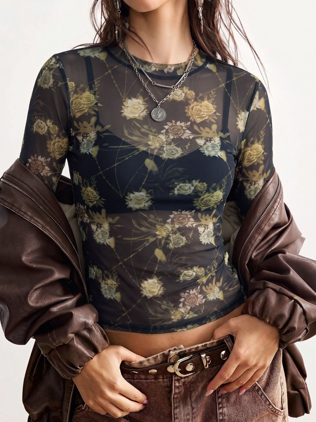 black t-shirt with floral and round neck