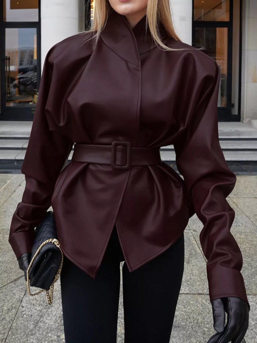 Stand Collar Belted Faux Leather Jacket in Wine Red