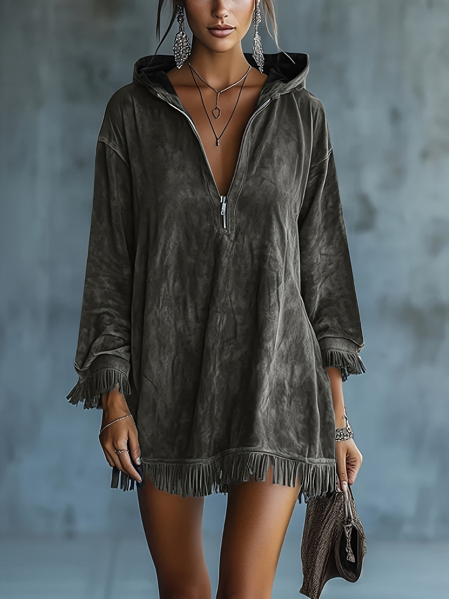 mini dress in dark olive green featuring hooded and relaxed fit