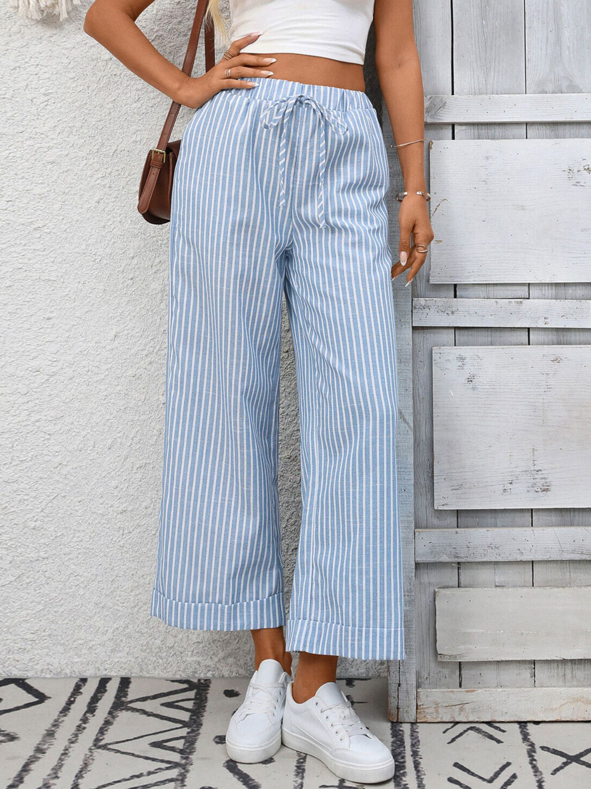 Light blue and white striped drawstring wide leg pants with pockets