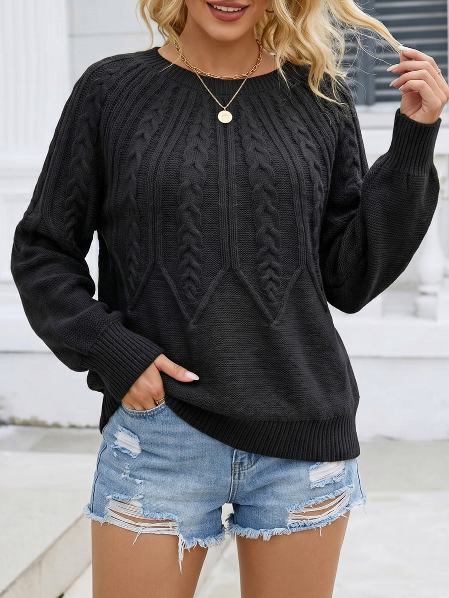 Cable-Knit Round Neck Sweater in Black with cable-knit