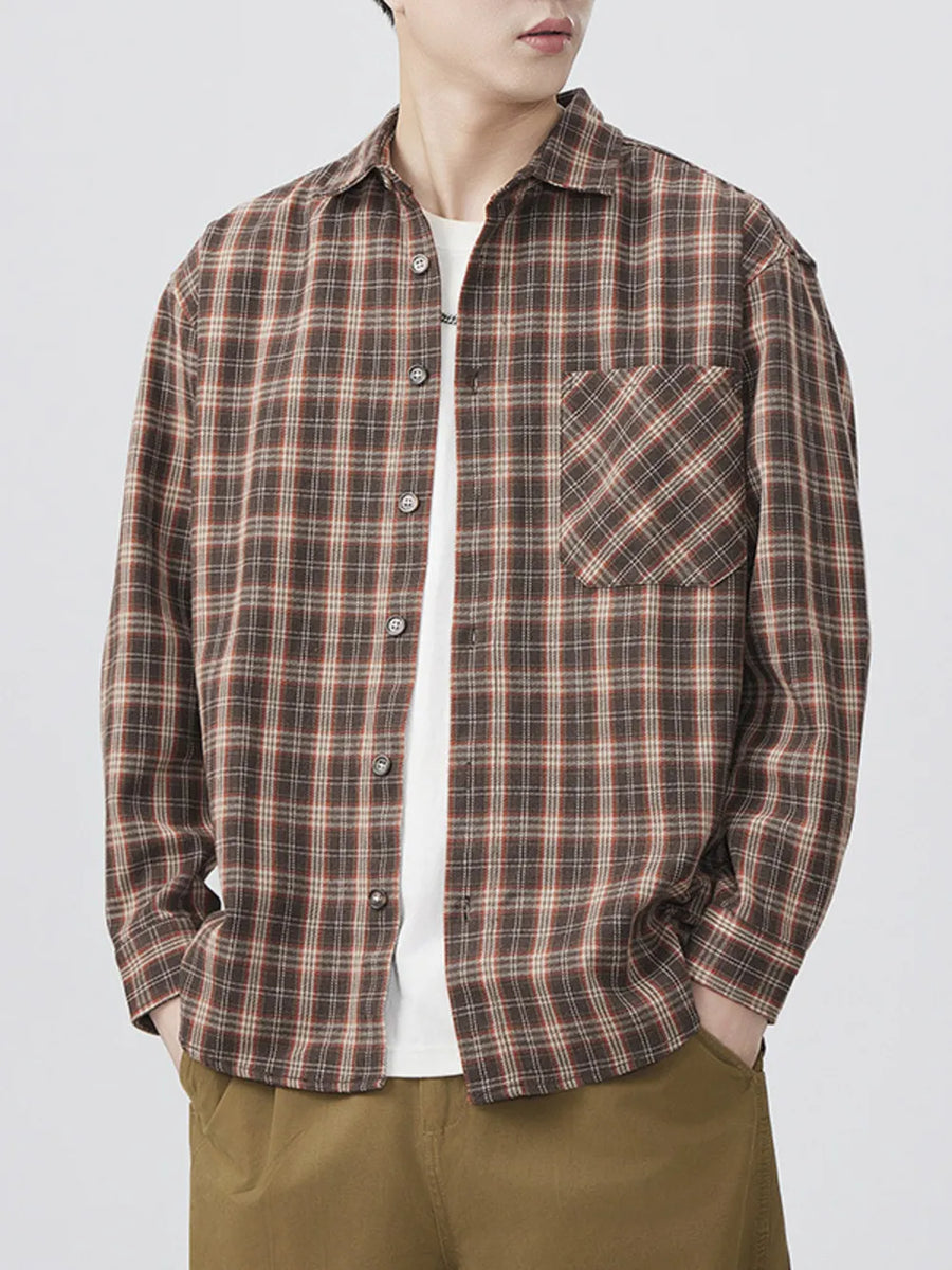 Brown plaid long sleeve button-down shirt with chest pocket
