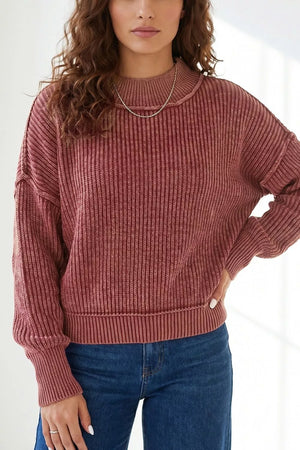 Burgundy Drop Shoulder High Neck Ribbed Sweater