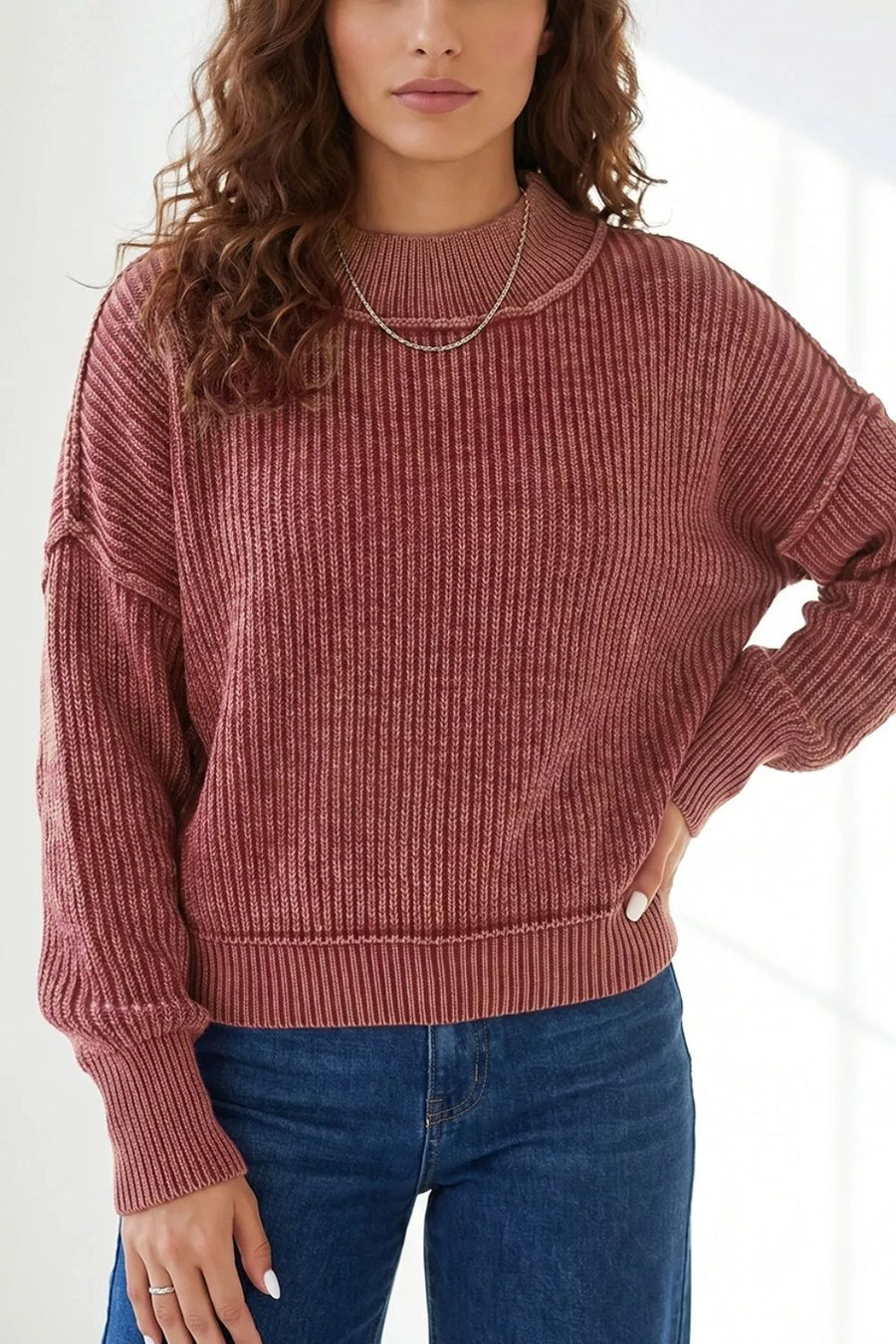 Burgundy Drop Shoulder High Neck Ribbed Sweater