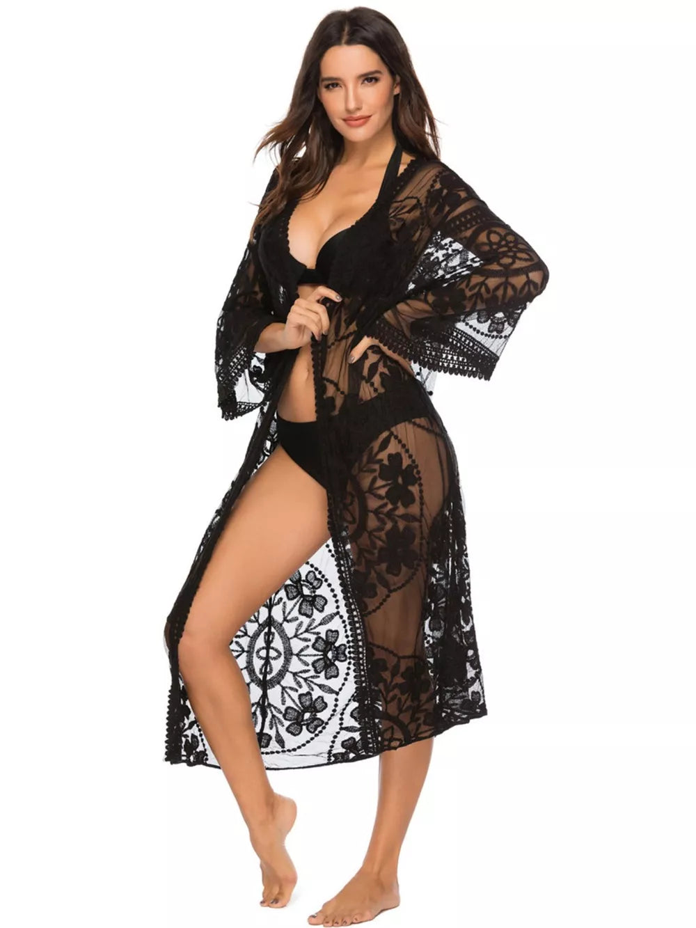 Black floral lace kimono cover-up with bell sleeves and open front.