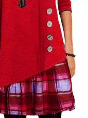 Asymmetrical Plaid Patchwork Long Sleeve Dress in Red