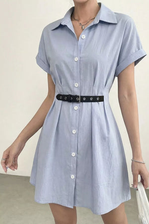 Light Blue Button Up Short Sleeve Shirt Dress