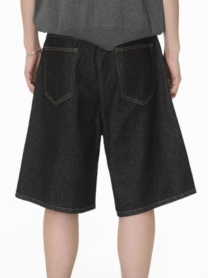 Men's black cotton denim shorts with contrast stitching and two back pockets.