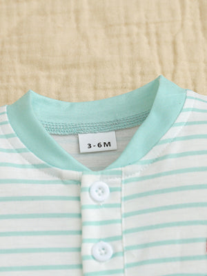 Baby bodysuit with mint green and white stripes, round neck, and button closure.