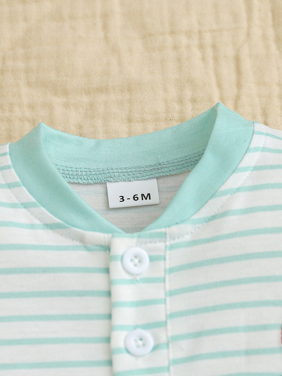 Baby bodysuit with mint green and white stripes, round neck, and button closure.