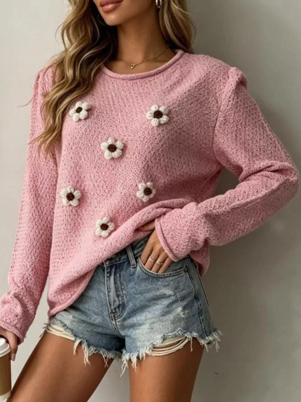 pullover sweater in Khaki with applique and hip-length