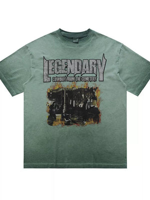 Green cotton blend t-shirt with bold cowboy graphic and distressed "Legendary" text.