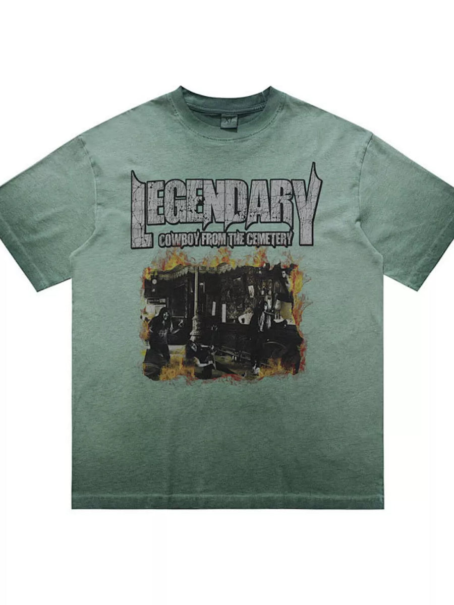 Green cotton blend t-shirt with bold cowboy graphic and distressed "Legendary" text.