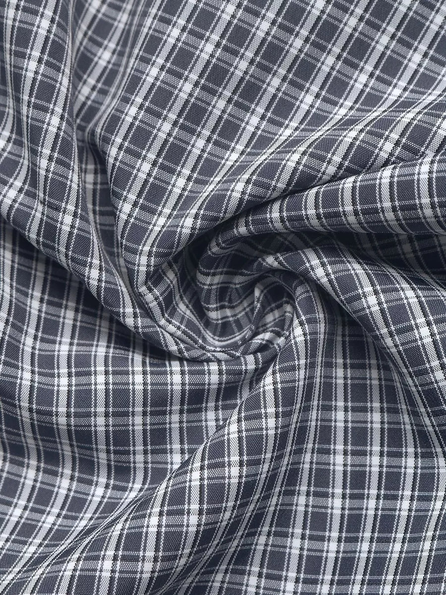 Gingham Button Up Shirt With Tie-sleeve Detail in Navy with tied sleeves