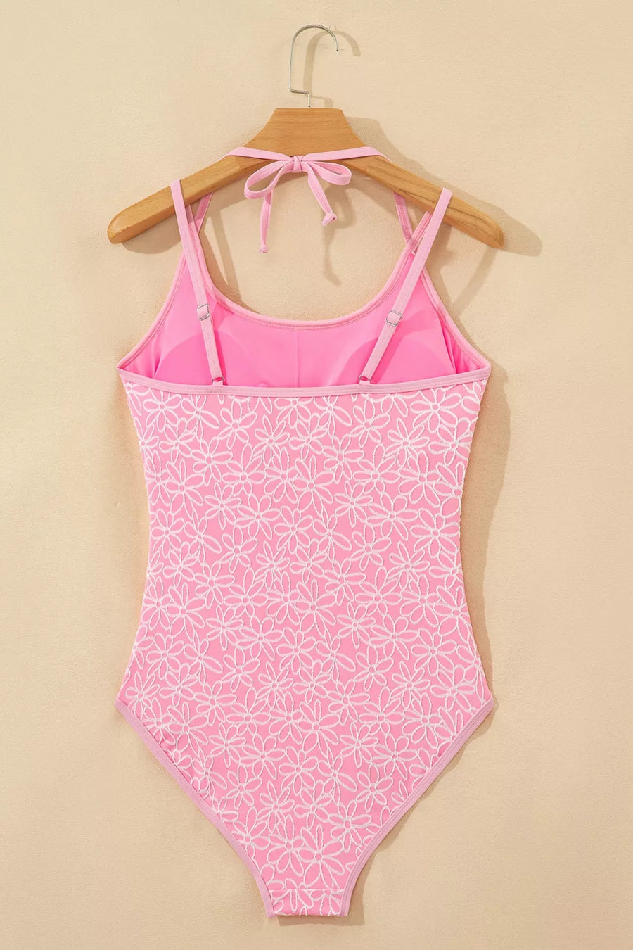 Corded Flower Texture Spaghetti Strap One-piece Swimsuit in Blush Pink with spaghetti straps