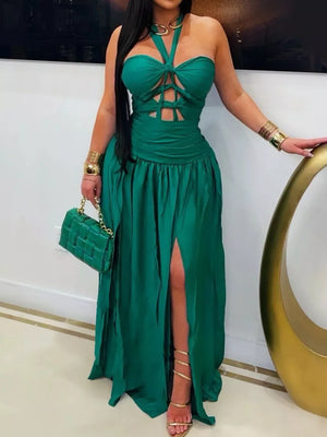 Black fit-and-flare maxi dress with halter