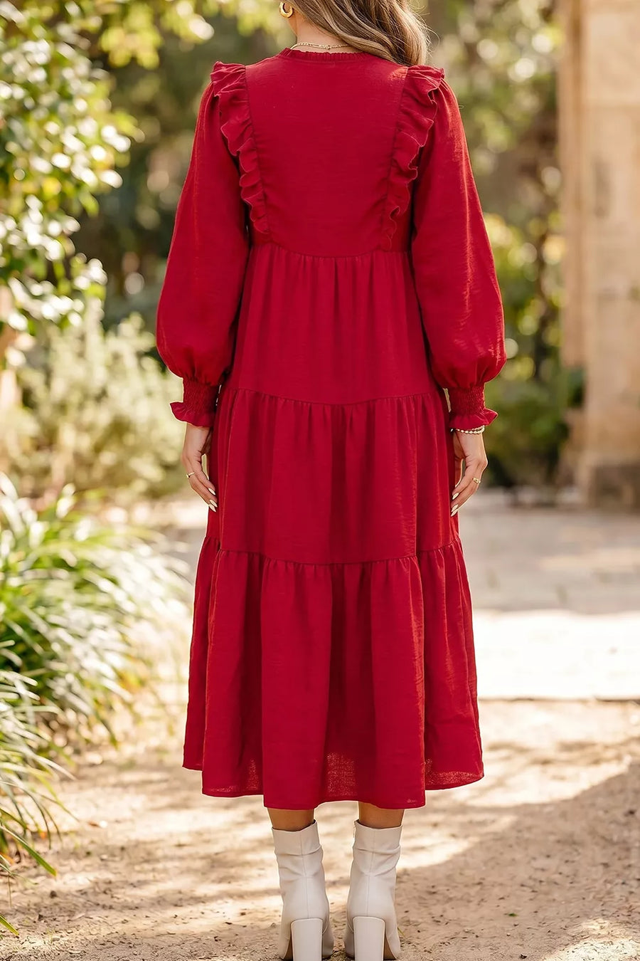 Solid Color Ruffle Trim Tiered Midi Dress in this colorway