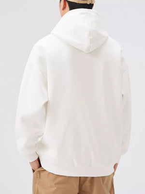 White long-sleeve hoodie with a hood and front pocket detail.