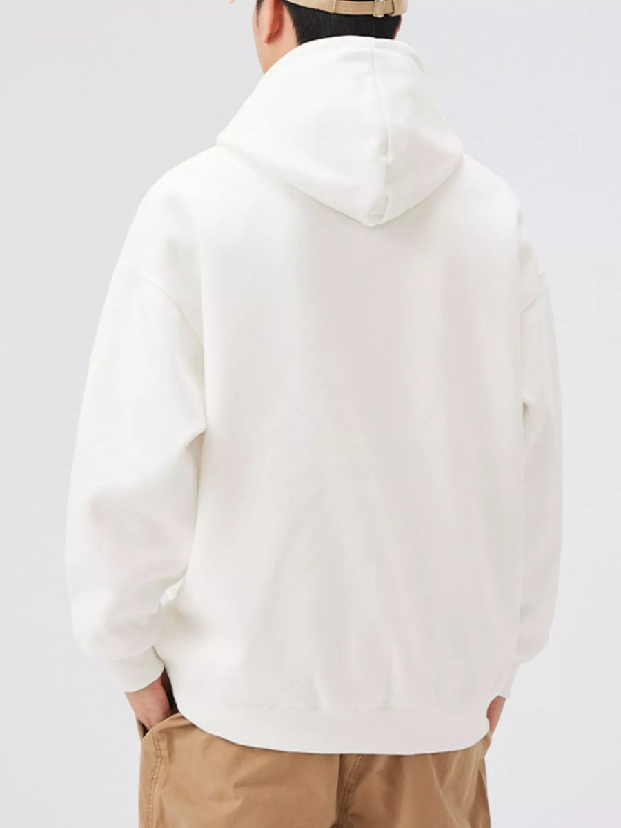 White long-sleeve hoodie with a hood and front pocket detail.