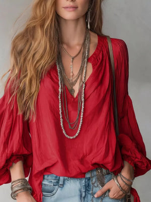 Notched Balloon Sleeve Blouse in Off-white