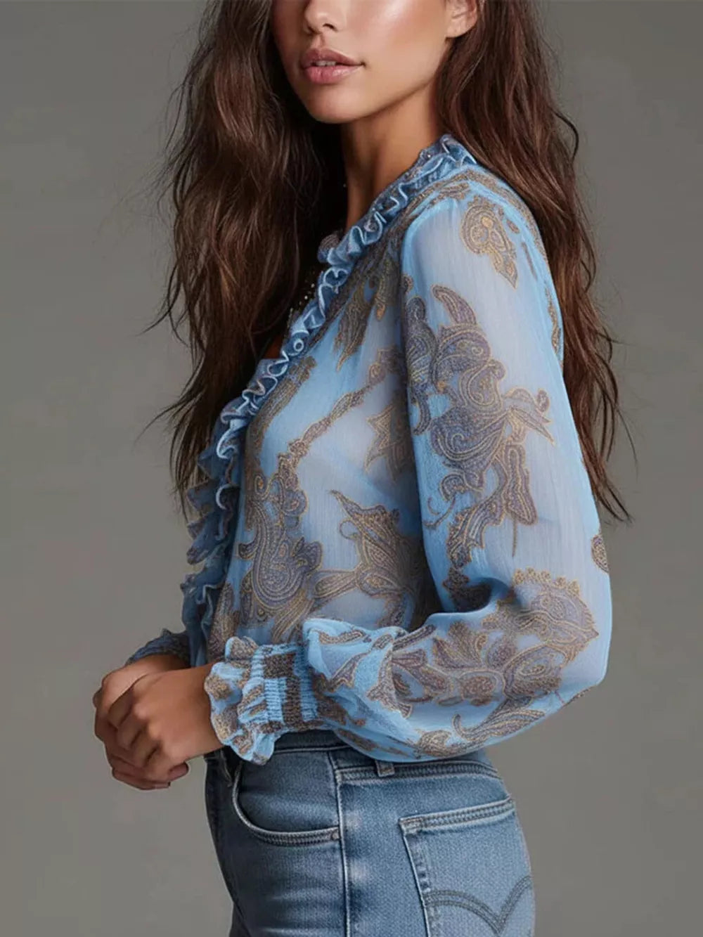 blouse in gold with frill and hip-length