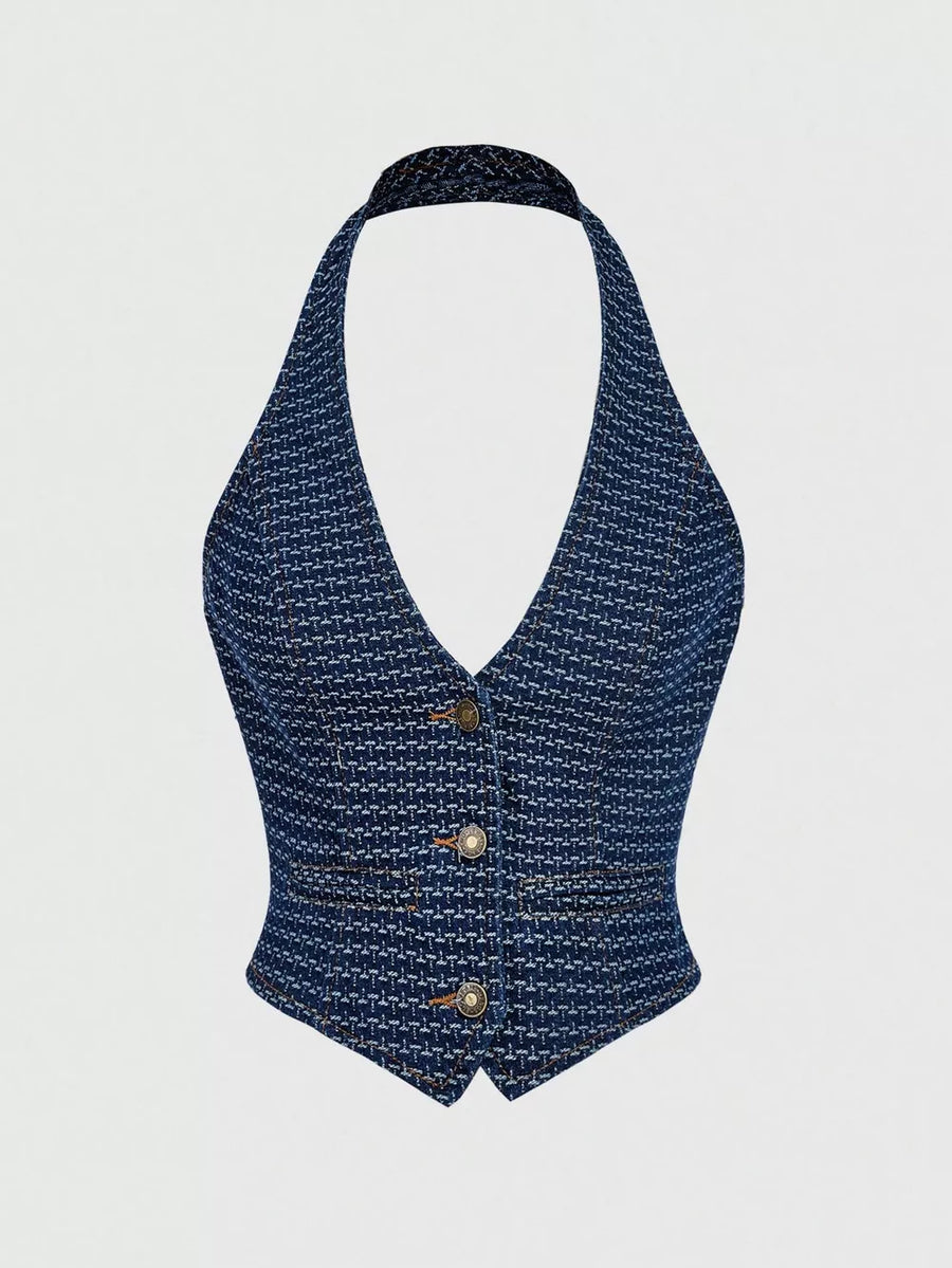 Halter Neck Denim Vest And Wide-leg Jeans Set option 17