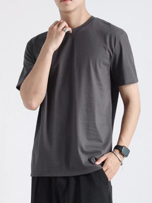 Men's dark gray relaxed fit cotton t-shirt with crew neck and short sleeves.