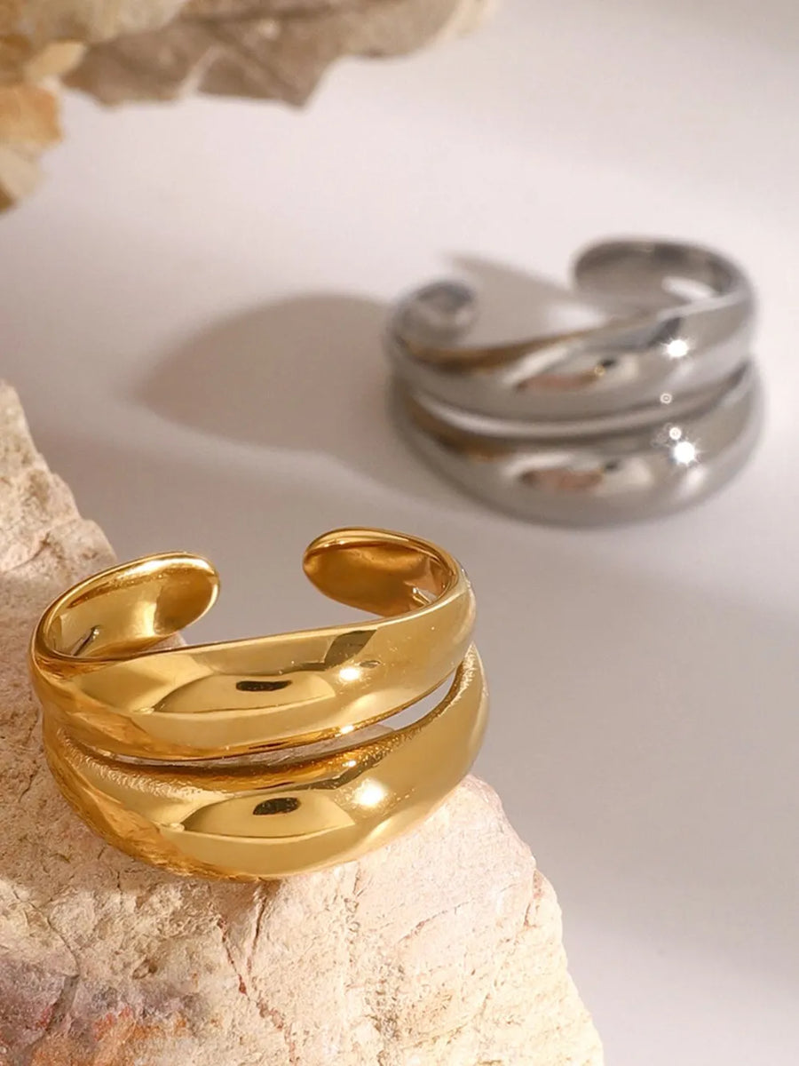 Gold and silver double band open ring, adjustable and modern.