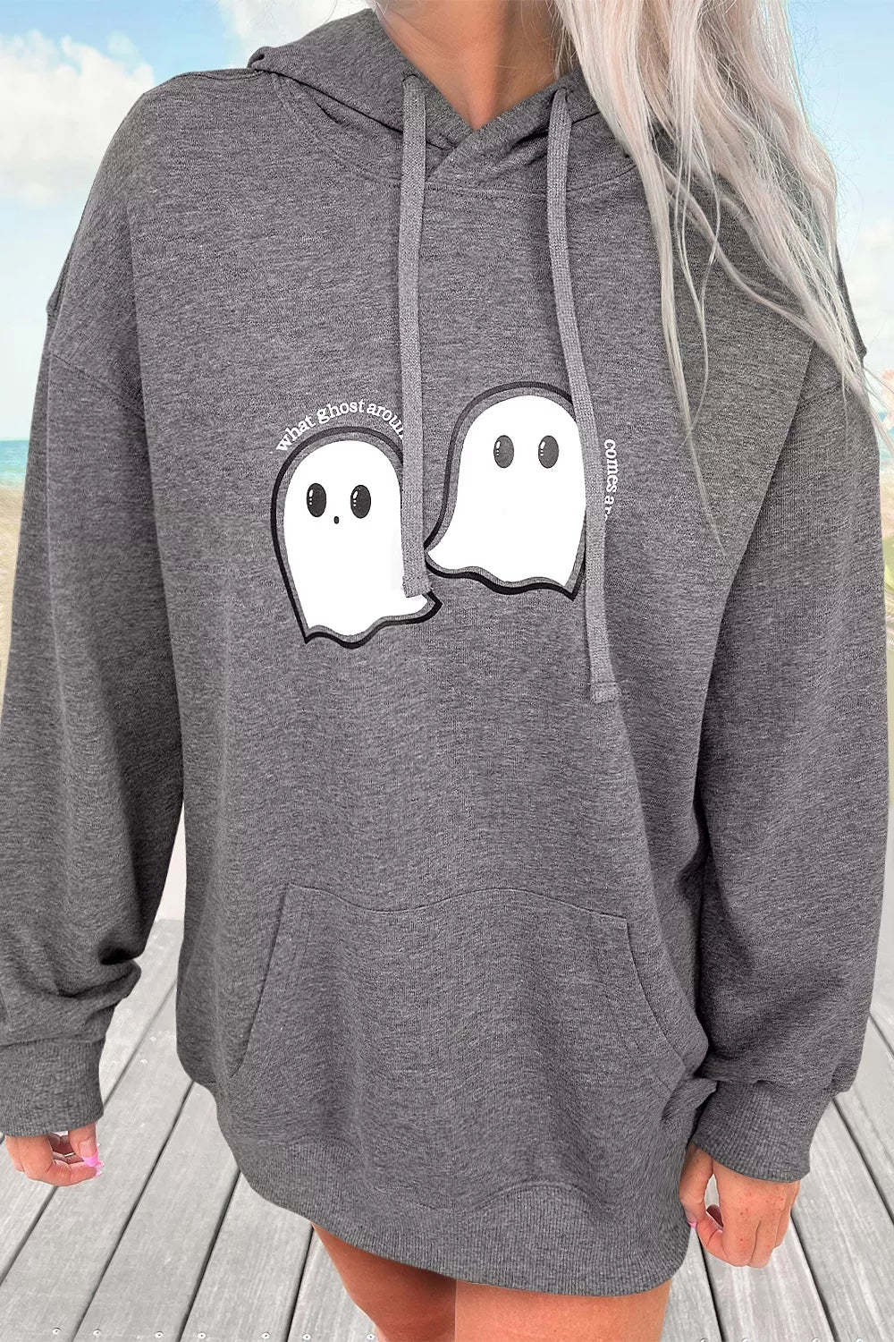 charcoal pullover hoodie with graphic print and hooded