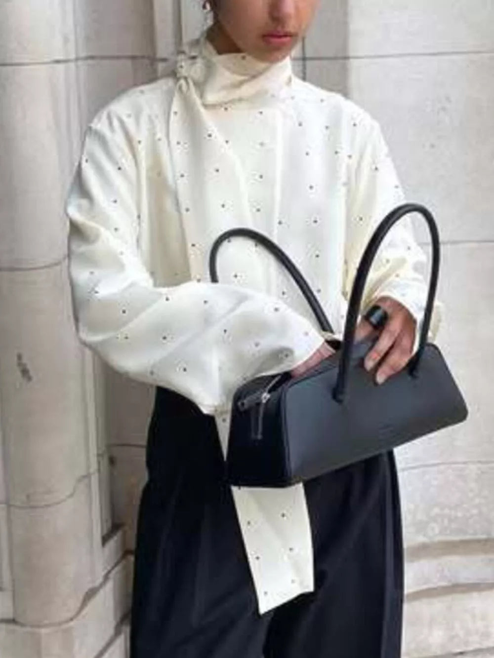 blouse in White with polka dot and scarf neck tie