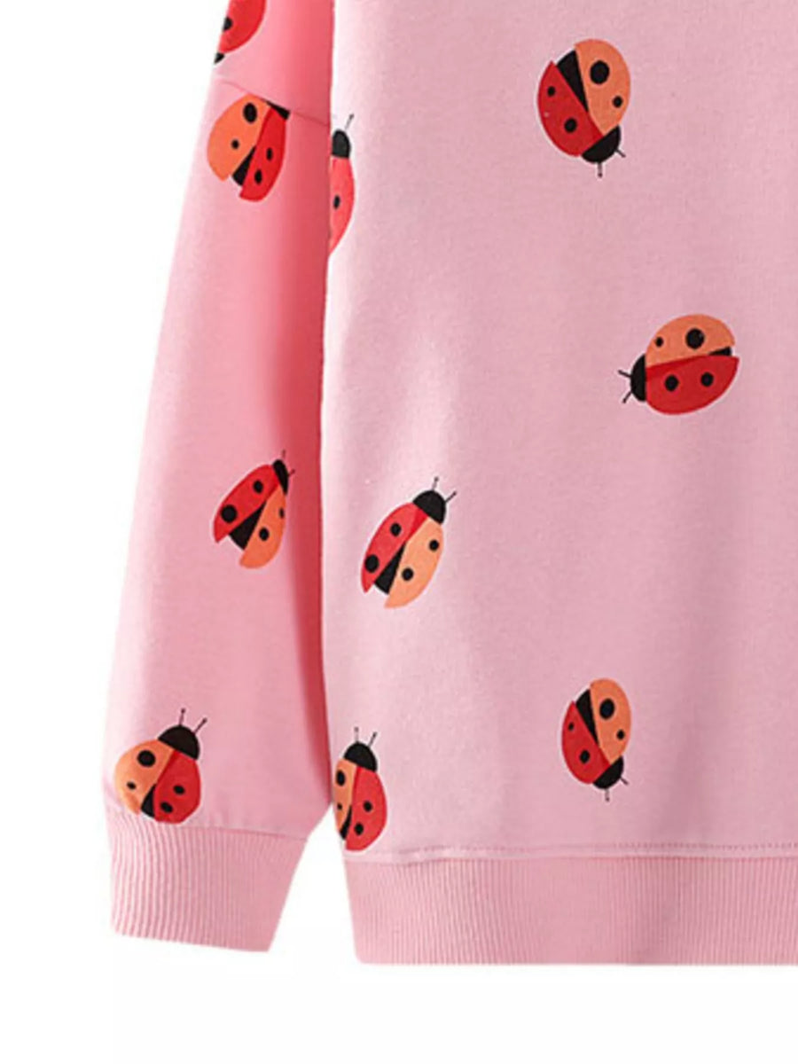 Baby pink crew neck sweatshirt with allover ladybug print