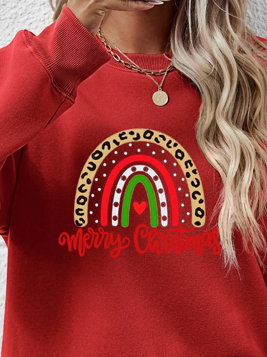 Deep Red sweatshirt with rainbow graphic and Merry Christmas text.