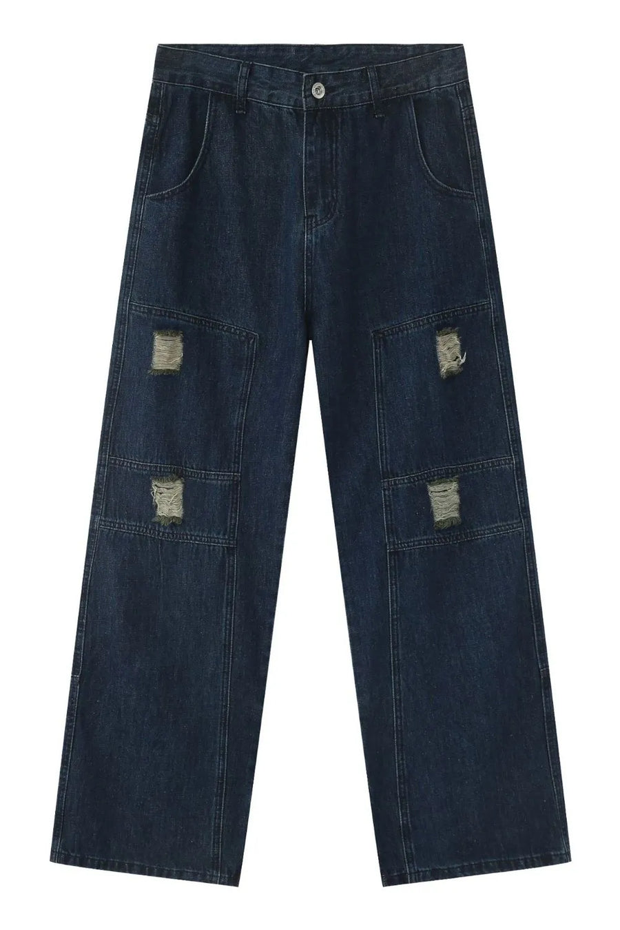 Dark wash denim wide-leg jeans with distressed panel pockets and a relaxed fit.