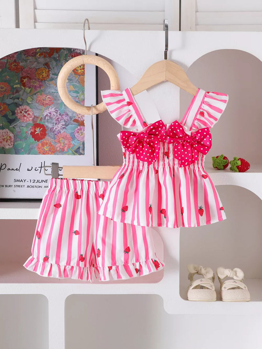 Children's Bow Ruffled Striped Top And Shorts Set in Pink